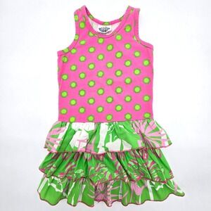 Vintage Corkys Kids Girls Pink Green Flower Ruffle Dress Size 5